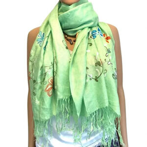 Beautiful Boho green floral embroidery scarf W27"xL67" Silky
